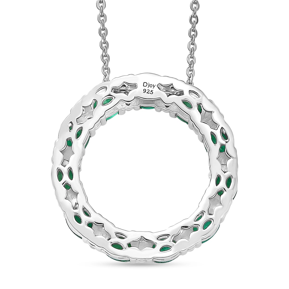 D'Joy AAA Gemfields Zambian Emerald & White Zircon Circle Pendant with Chain (Size 20) in Rhodium Overlay Sterling Silver 1.97 Ct.