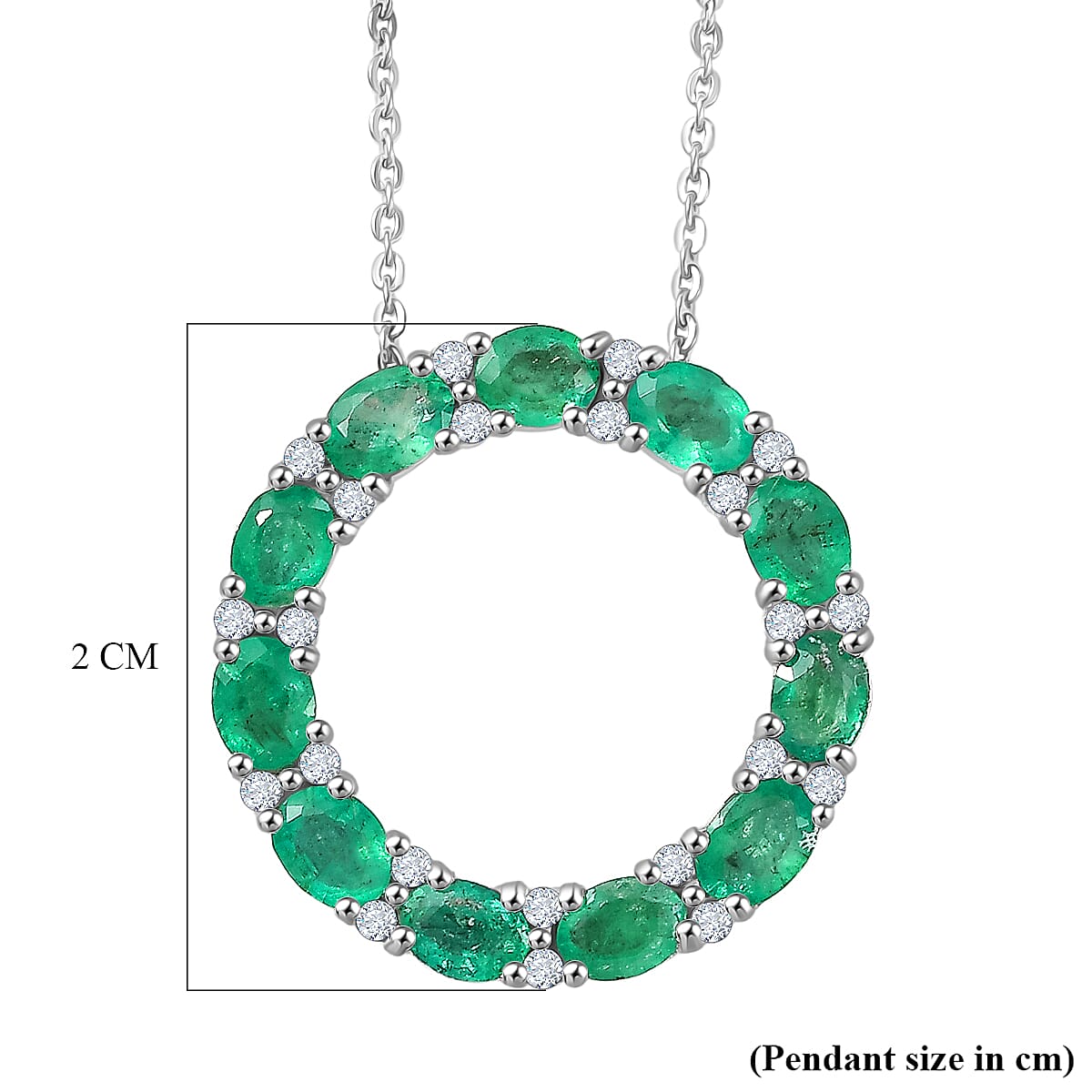 D'Joy AAA Gemfields Zambian Emerald & White Zircon Circle Pendant with Chain (Size 20) in Rhodium Overlay Sterling Silver 1.97 Ct.