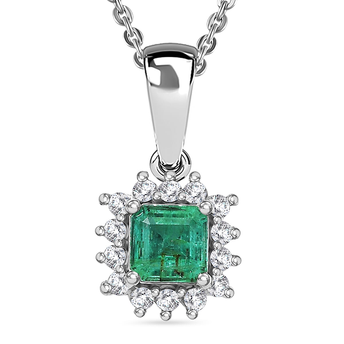 D'Joy AAA Gemfields Zambian Emerald & Lab Grown Diamond Pendant with Chain (Size 20) in Rhodium Overlay Sterling Silver