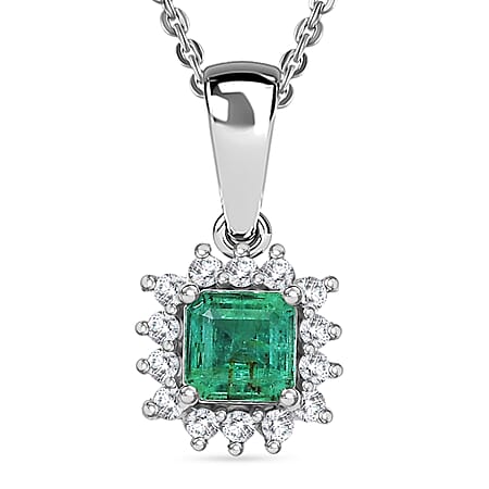 D'Joy AAA Gemfields Zambian Emerald & Lab Grown Diamond Halo Pendant with Chain (Size 20) in Rhodium Overlay Sterling Silver
