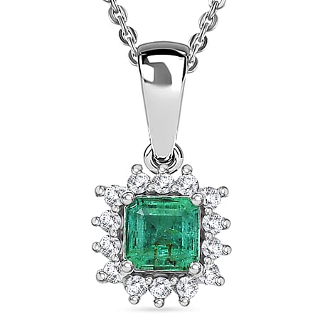 D'Joy AAA Gemfields Zambian Emerald & Lab Grown Diamond Pendant with Chain (Size 20) in Rhodium Overlay Sterling Silver