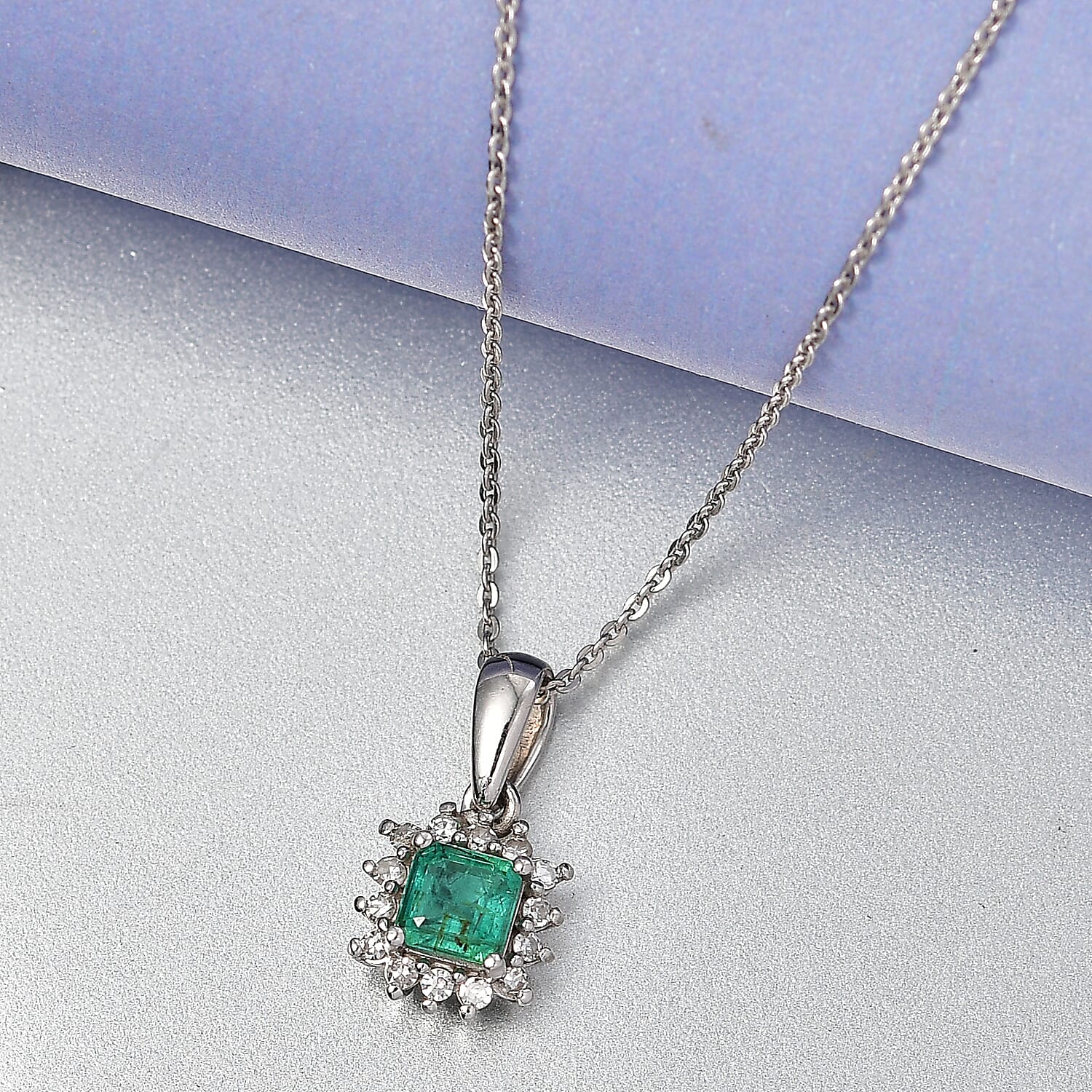 D'Joy AAA Gemfields Zambian Emerald & Lab Grown Diamond Pendant with Chain (Size 20) in Rhodium Overlay Sterling Silver