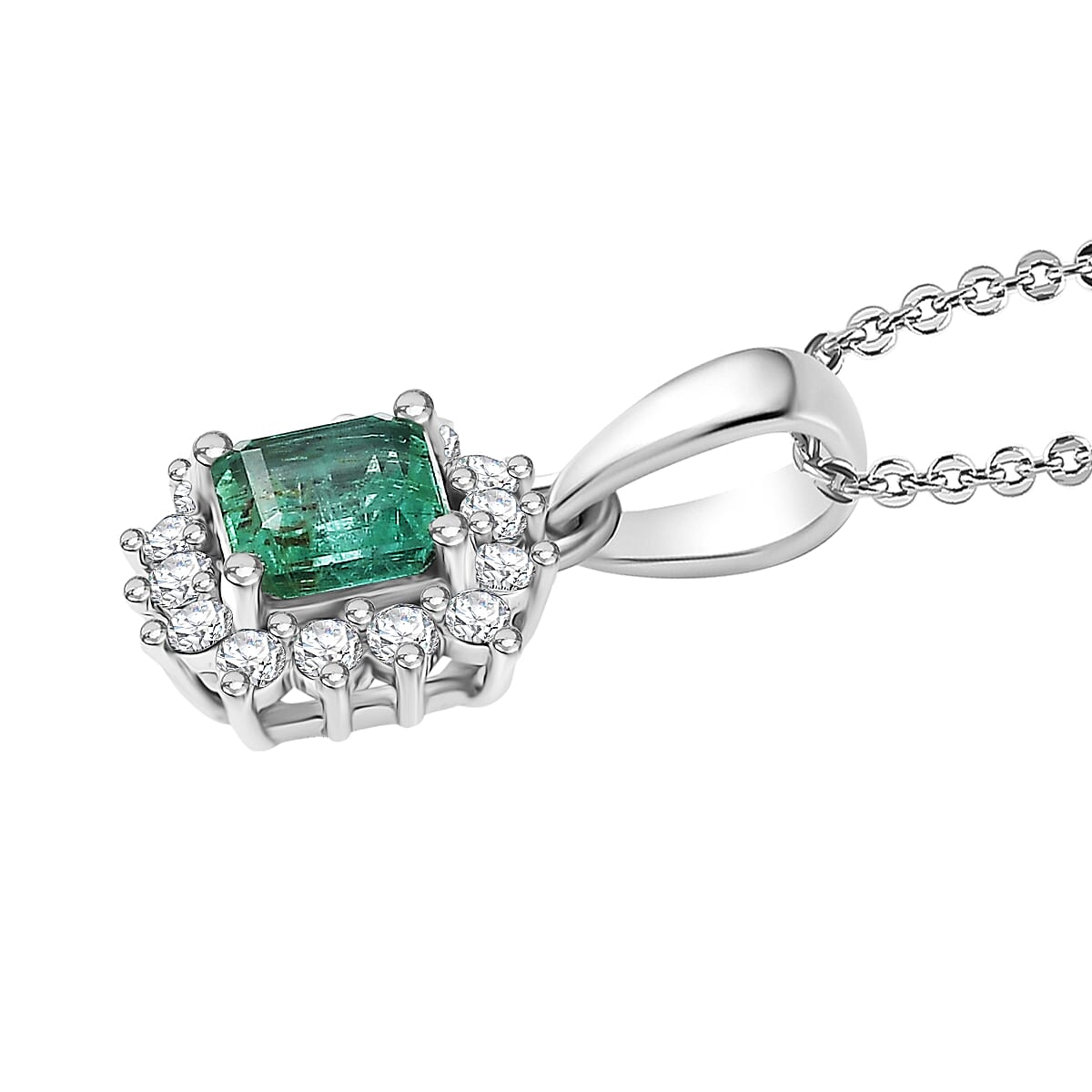 D'Joy AAA Gemfields Zambian Emerald & Lab Grown Diamond Pendant with Chain (Size 20) in Rhodium Overlay Sterling Silver