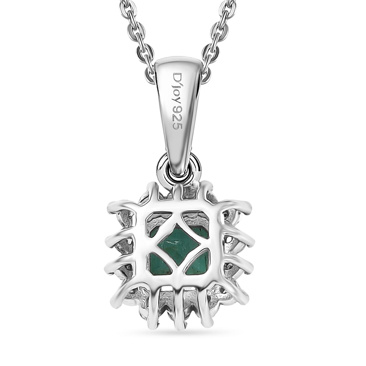 D'Joy AAA Gemfields Zambian Emerald & Lab Grown Diamond Pendant with Chain (Size 20) in Rhodium Overlay Sterling Silver