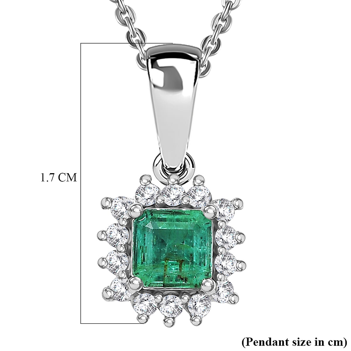 D'Joy AAA Gemfields Zambian Emerald & Lab Grown Diamond Pendant with Chain (Size 20) in Rhodium Overlay Sterling Silver