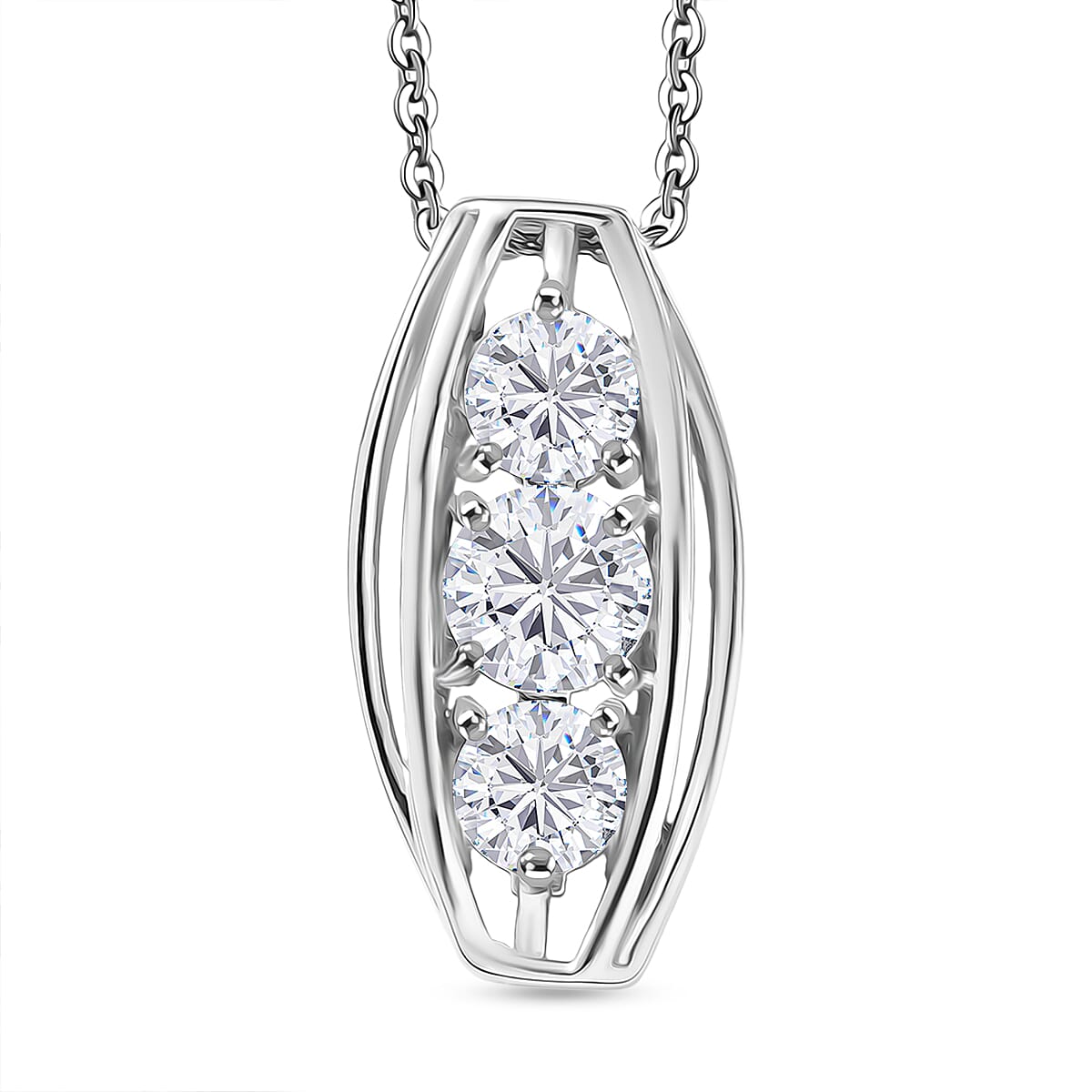 D'Joy Moissanite Vertical Three Stone Pendant with Chain (Size 20) in Platinum Overlay Sterling Silver 1.47 Ct.