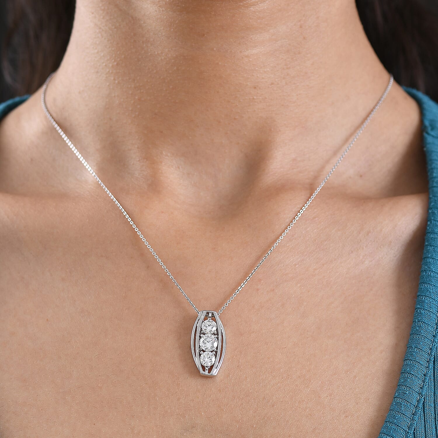 D'Joy Moissanite Vertical Three Stone Pendant with Chain (Size 20) in Platinum Overlay Sterling Silver 1.47 Ct.