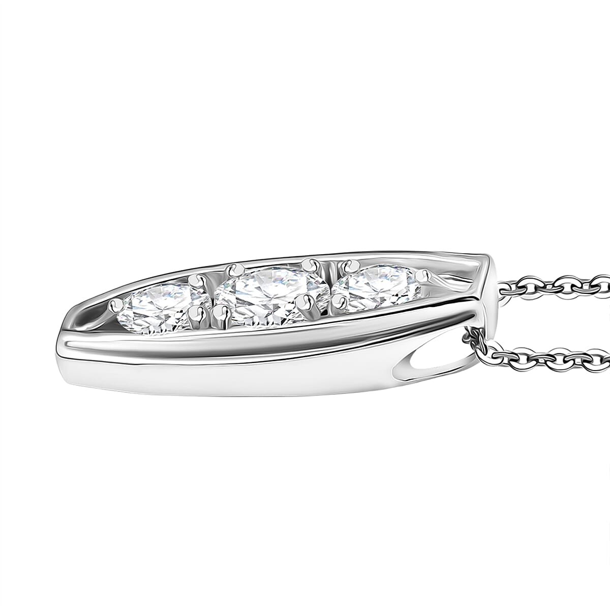 D'Joy Moissanite Vertical Three Stone Pendant with Chain (Size 20) in Platinum Overlay Sterling Silver 1.47 Ct.
