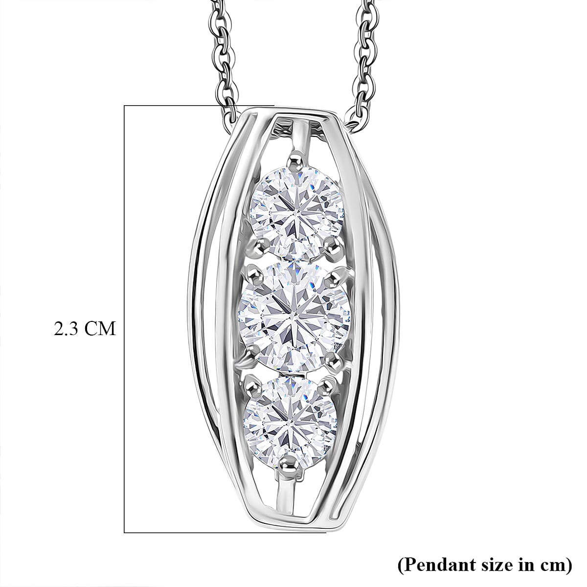 D'Joy Moissanite Vertical Three Stone Pendant with Chain (Size 20) in Platinum Overlay Sterling Silver 1.47 Ct.