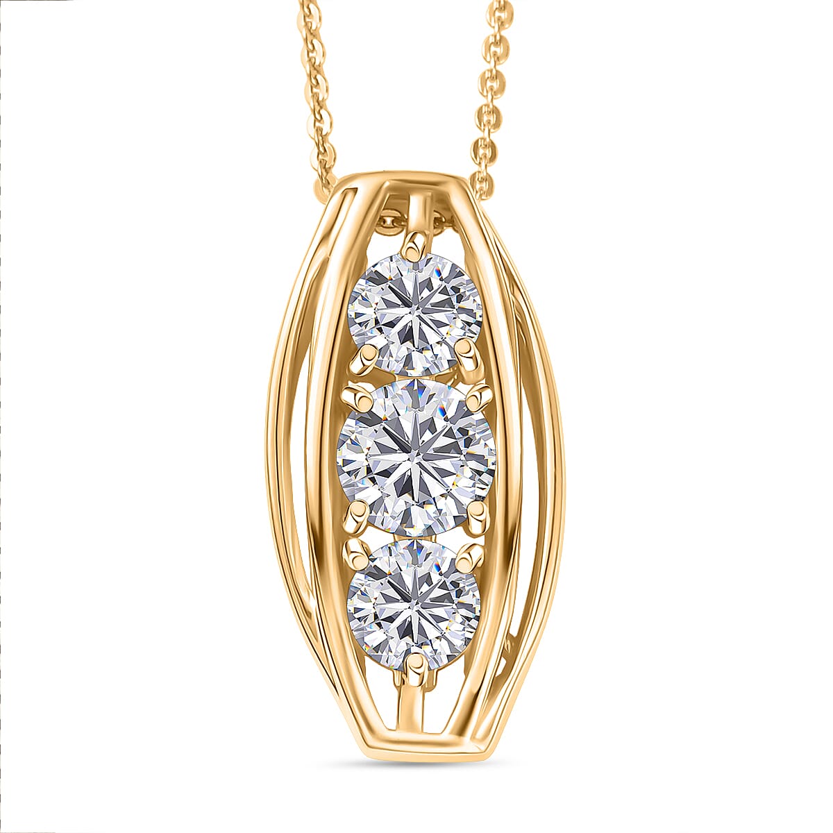 D'Joy Moissanite Vertical Three Stone Pendant with Chain (Size 20) in Yellow Gold Plated Sterling Silver 1.47 Ct.