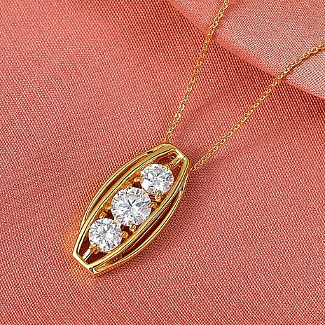 D'Joy Moissanite Vertical Three Stone Pendant with Chain (Size 20) in Yellow Gold Plated Sterling Silver 1.47 Ct.