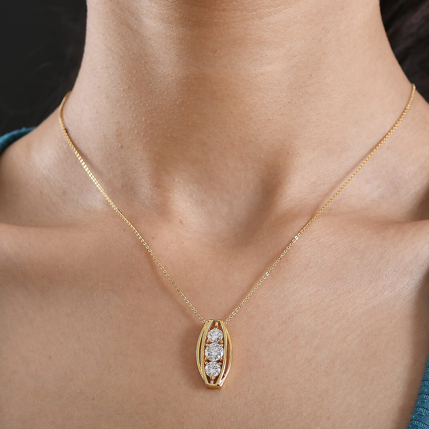 D'Joy Moissanite Vertical Three Stone Pendant with Chain (Size 20) in Yellow Gold Plated Sterling Silver 1.47 Ct.