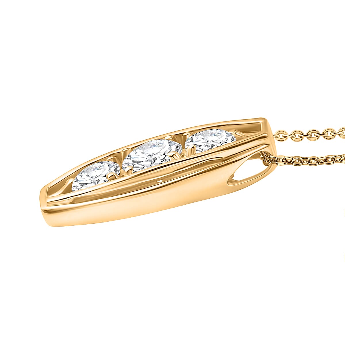 D'Joy Moissanite Vertical Three Stone Pendant with Chain (Size 20) in Yellow Gold Plated Sterling Silver 1.47 Ct.