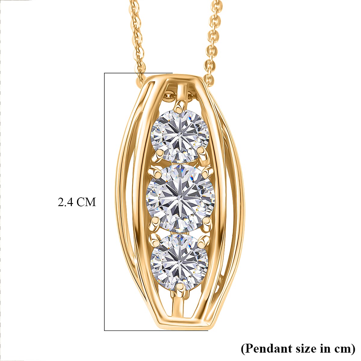 D'Joy Moissanite Vertical Three Stone Pendant with Chain (Size 20) in Yellow Gold Plated Sterling Silver 1.47 Ct.