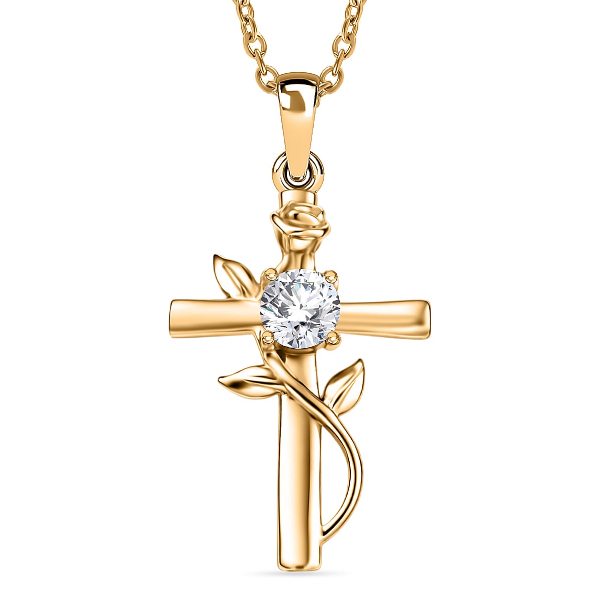 Moissanite Cross Pendant with Chain (Size 20) in Yellow Gold Tone