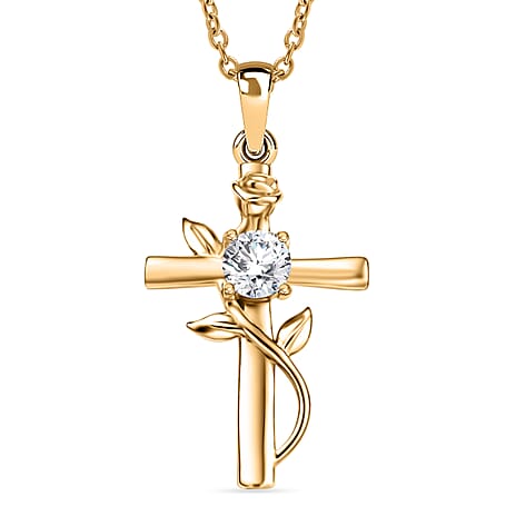 Moissanite Cross Pendant with Chain (Size 20) in Yellow Gold Tone