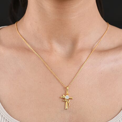 Moissanite Cross Pendant with Chain (Size 20) in Yellow Gold Tone