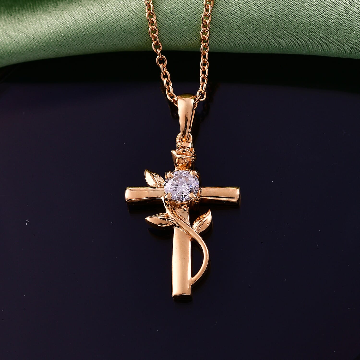 Moissanite Cross Pendant with Chain (Size 20) in Yellow Gold Tone