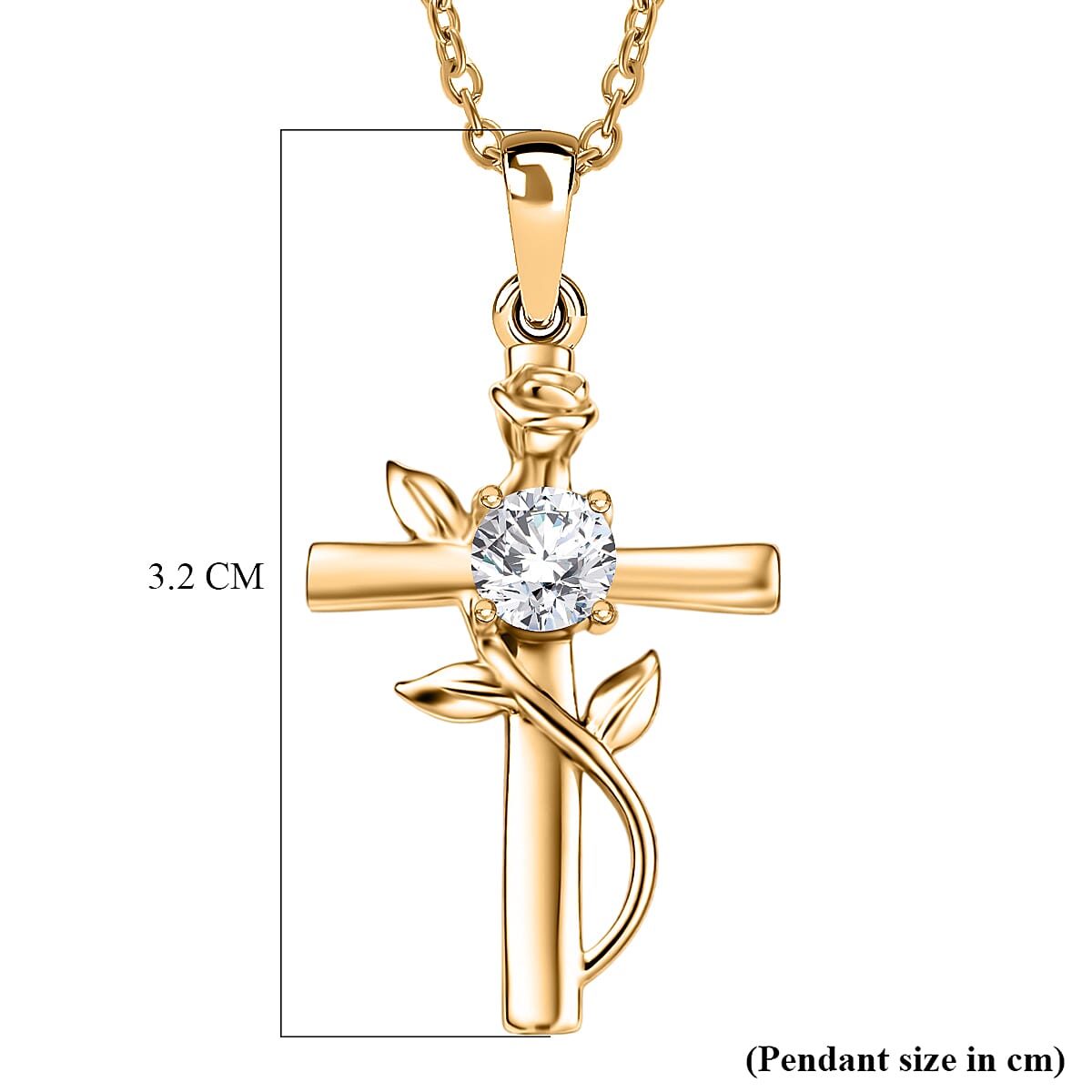 Moissanite Cross Pendant with Chain (Size 20) in Yellow Gold Tone