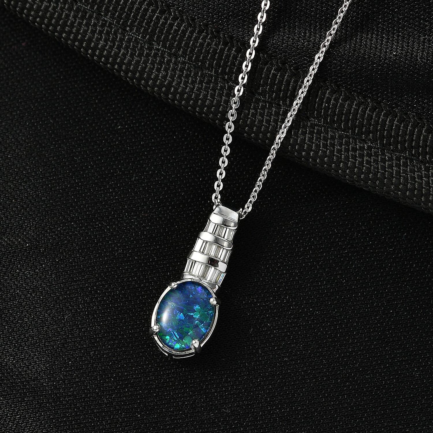 Close Out Deal- Australian Boulder Opa & Moissanite Pendant with Chain (Size 20) in Rhodium Overlay Sterling Silver 1.71 Ct.