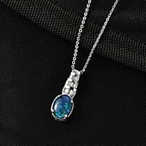 Close Out Deal- D'Joy Australian Boulder Opal & Moissanite Pendant with Chain (Size 20) in Rhodium Overlay Sterling Silver 1.45 Ct.
