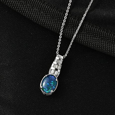 Close Out Deal- Australian Boulder Opa & Moissanite Pendant with Chain (Size 20) in Rhodium Overlay Sterling Silver 1.71 Ct.