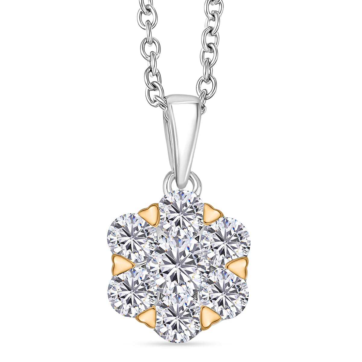 Moissanite Floral Pendant with Chain (Size 20) in Yellow Gold Plated & Platinum Overlay Sterling Silver 1.28 Ct.