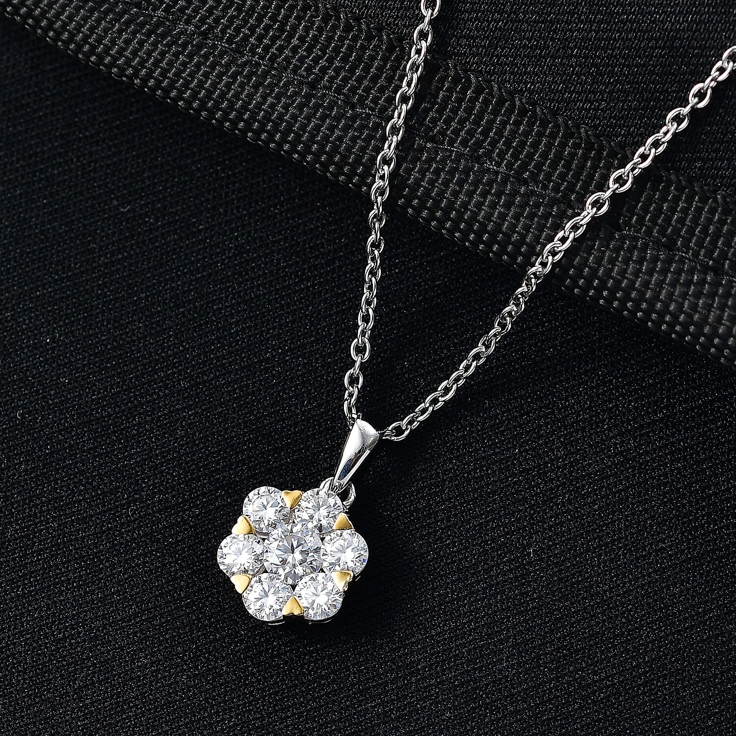 Moissanite Floral Pendant with Chain (Size 20) in Yellow Gold Plated & Platinum Overlay Sterling Silver 1.28 Ct.