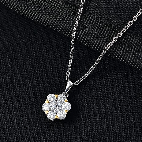 Moissanite Floral Pendant with Chain (Size 20) in Yellow Gold Plated & Platinum Overlay Sterling Silver 1.28 Ct.