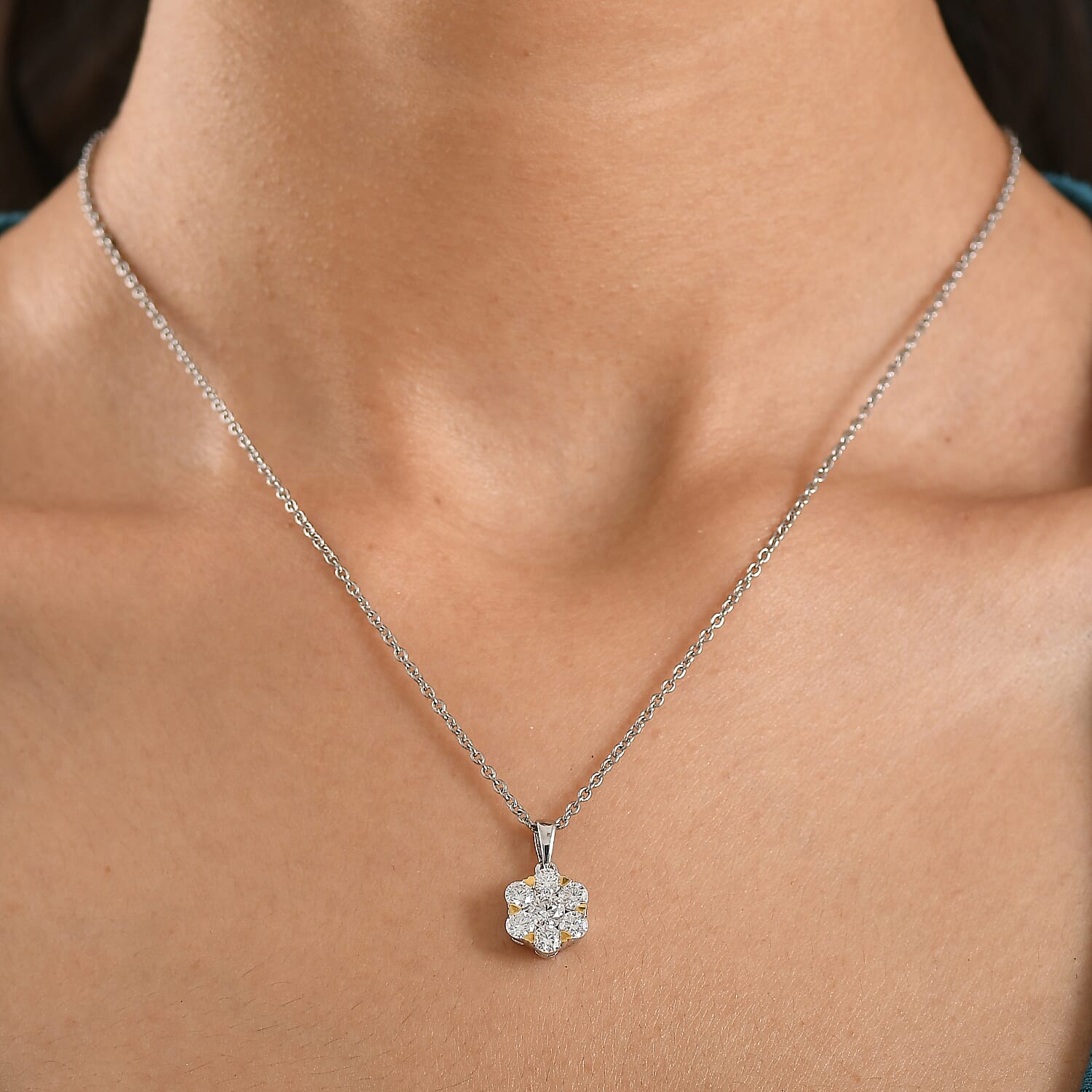 Moissanite Floral Pendant with Chain (Size 20) in Yellow Gold Plated & Platinum Overlay Sterling Silver 1.28 Ct.