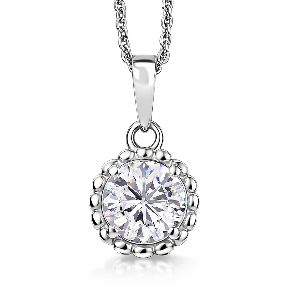 D'Joy Moissanite Halo Pendant with Chain (Size 20) in Platinum Overlay Sterling Silver 1.02 Ct.