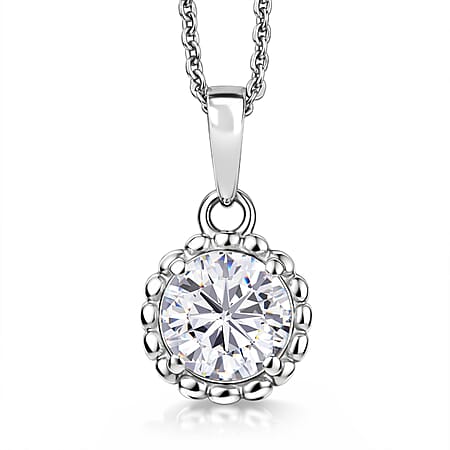 D'Joy Moissanite Halo Pendant with Chain (Size 20) in Platinum Overlay Sterling Silver 1.02 Ct.