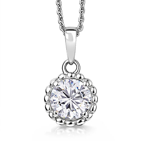 D'Joy Moissanite Halo Pendant with Chain (Size 20) in Platinum Overlay Sterling Silver 1.02 Ct.