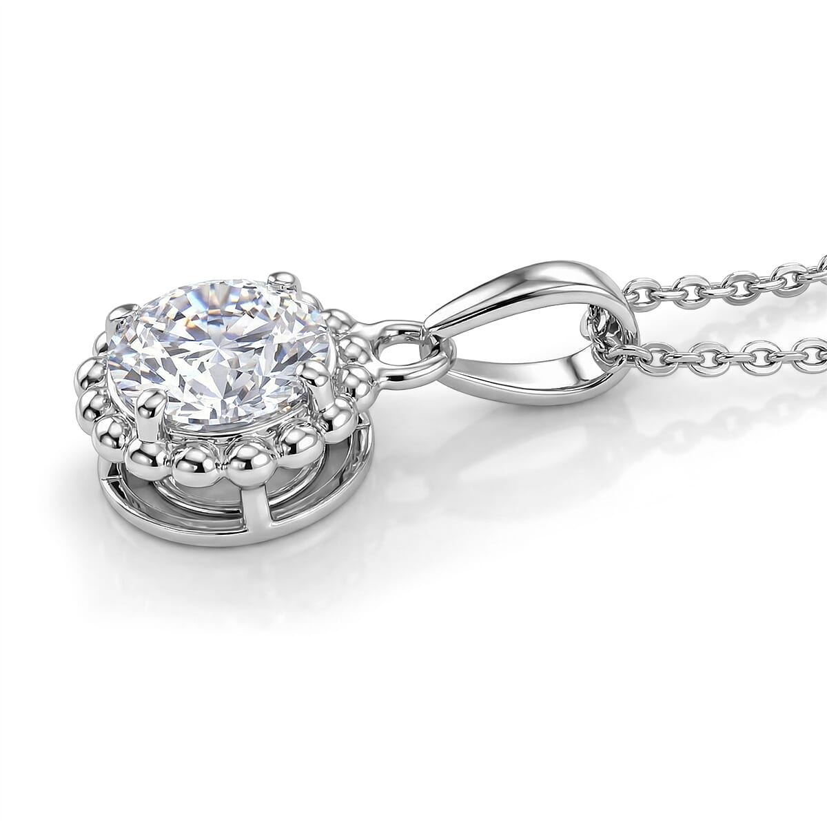 D'Joy Moissanite Halo Pendant with Chain (Size 20) in Platinum Overlay Sterling Silver 1.02 Ct.