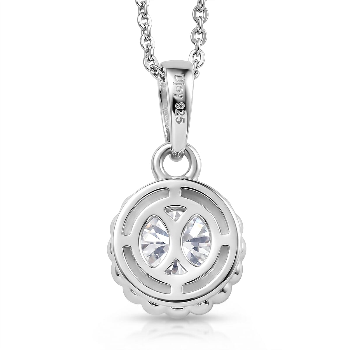D'Joy Moissanite Halo Pendant with Chain (Size 20) in Platinum Overlay Sterling Silver 1.02 Ct.