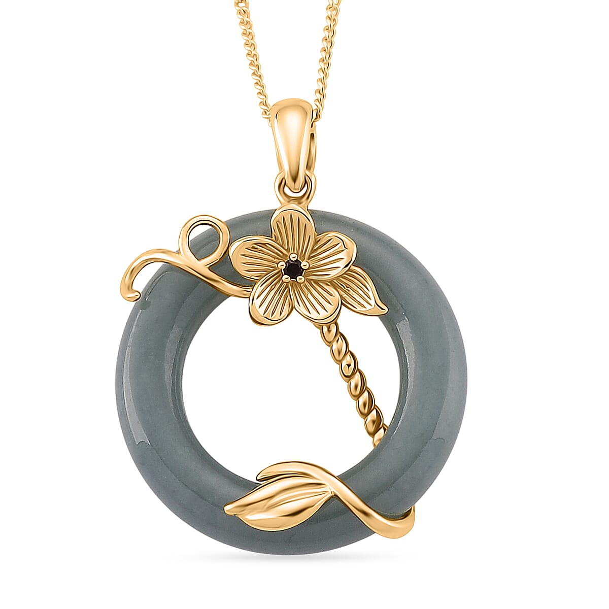 D'Joy Natural Jadeite & Red Garnet Circle Pendant with Chain (Size - 18) in Yellow Gold Plated Sterling Silver 22.23 Ct.