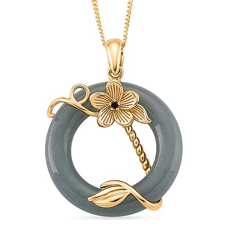 D'Joy Natural Jadeite & Red Garnet Circle Pendant with Chain (Size - 18) in Yellow Gold Plated Sterling Silver 22.23 Ct.