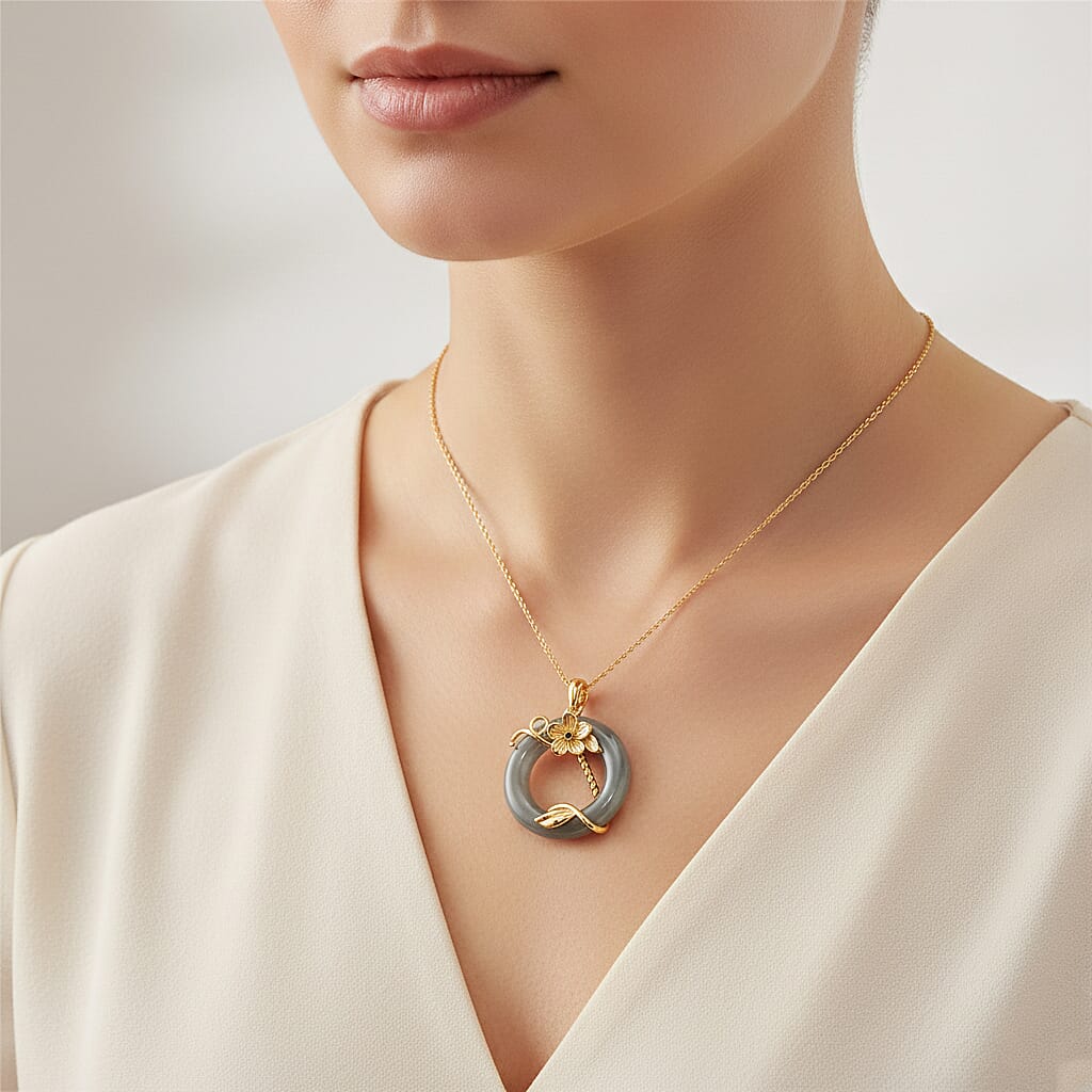 D'Joy Natural Jadeite & Red Garnet Circle Pendant with Chain (Size - 18) in Yellow Gold Plated Sterling Silver 22.23 Ct.