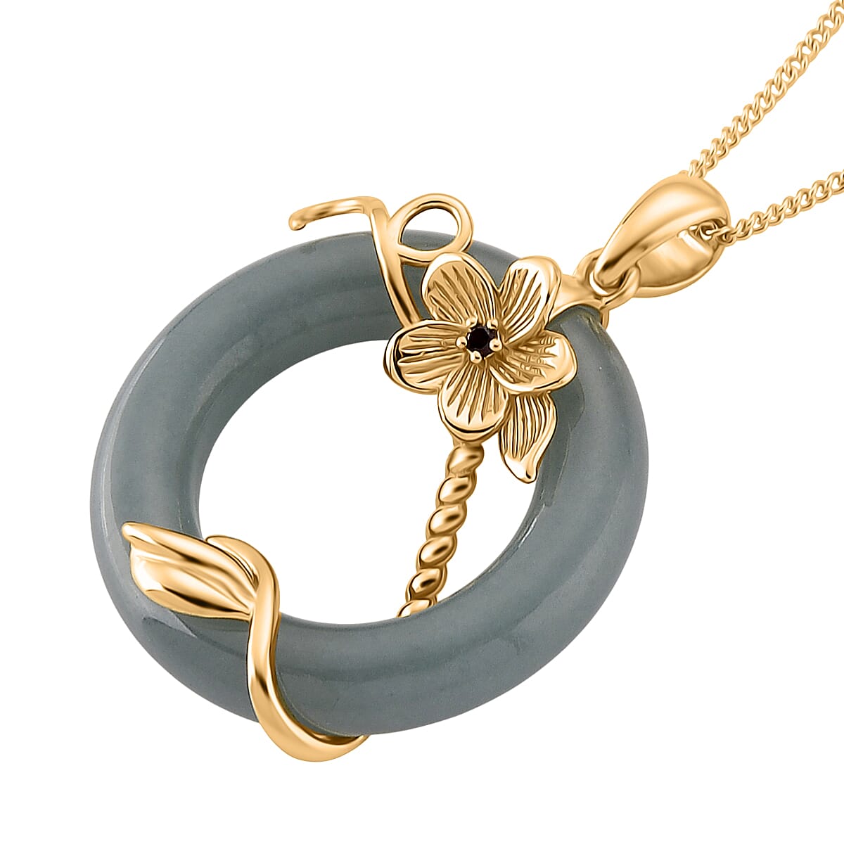 D'Joy Natural Jadeite & Red Garnet Circle Pendant with Chain (Size - 18) in Yellow Gold Plated Sterling Silver 22.23 Ct.