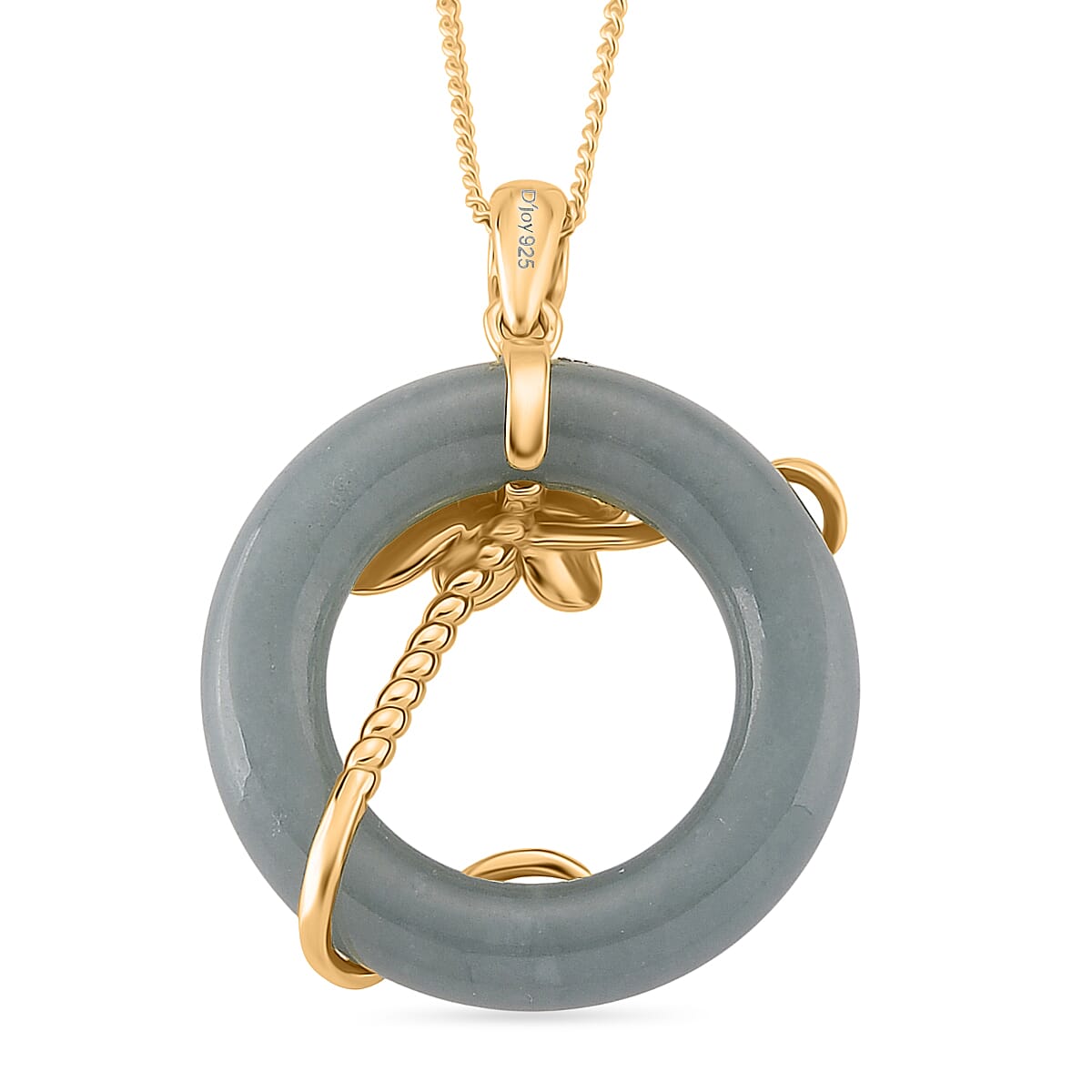 D'Joy Natural Jadeite & Red Garnet Circle Pendant with Chain (Size - 18) in Yellow Gold Plated Sterling Silver 22.23 Ct.