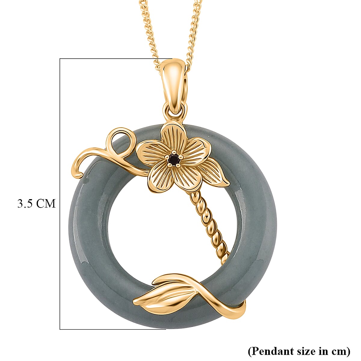 D'Joy Natural Jadeite & Red Garnet Circle Pendant with Chain (Size - 18) in Yellow Gold Plated Sterling Silver 22.23 Ct.