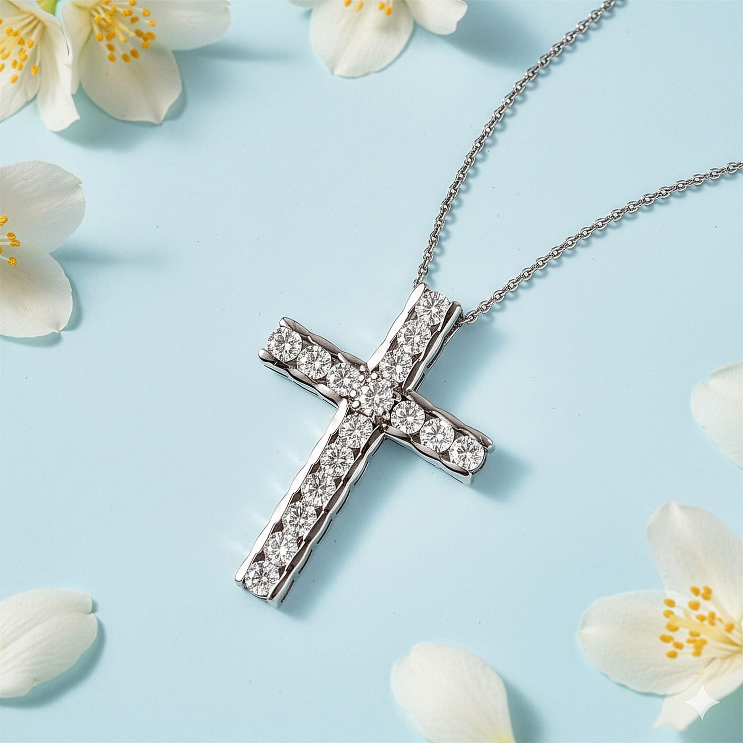 D'Joy Moissanite Cross Pendant with Chain (Size 20) in Platinum Overlay Sterling Silver 1.66 Ct.