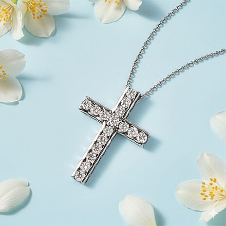 D'Joy Moissanite Cross Pendant with Chain (Size 20) in Platinum Overlay Sterling Silver 1.66 Ct.