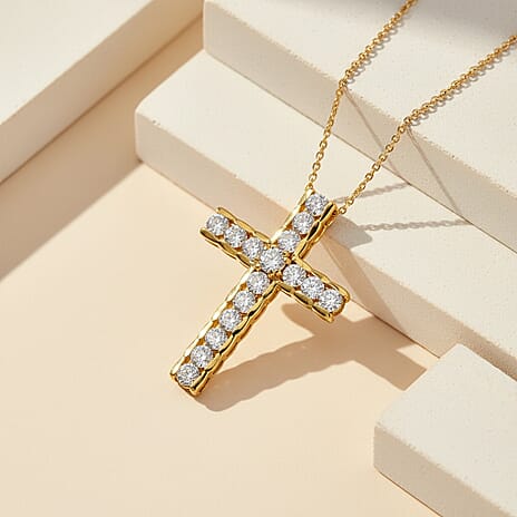 D'Joy Moissanite Cross Pendant with Chain (Size 20) in Yellow Gold Plated Sterling Silver 1.66 Ct.