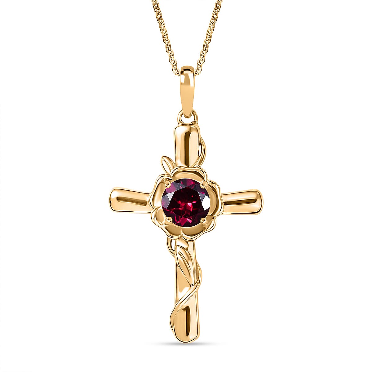 D'joy Rhodolite Garnet Cross Pendant with Chain (Size 20) in Yellow Gold Plated Sterling Silver 1.63 Ct, Silver  Wt. 5.50 Gms.