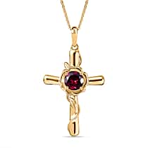 D'joy Orissa Natural Rhodolite Garnet Cross Pendant with Chain (Size 20) in Yellow Gold Plated Sterling Silver 1.63 Ct, Silver  Wt. 5.50 Gms.