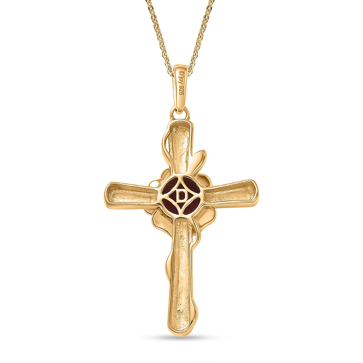 D'joy Rhodolite Garnet Cross Pendant with Chain (Size 20) in Yellow Gold Plated Sterling Silver 1.63 Ct, Silver  Wt. 5.50 Gms.