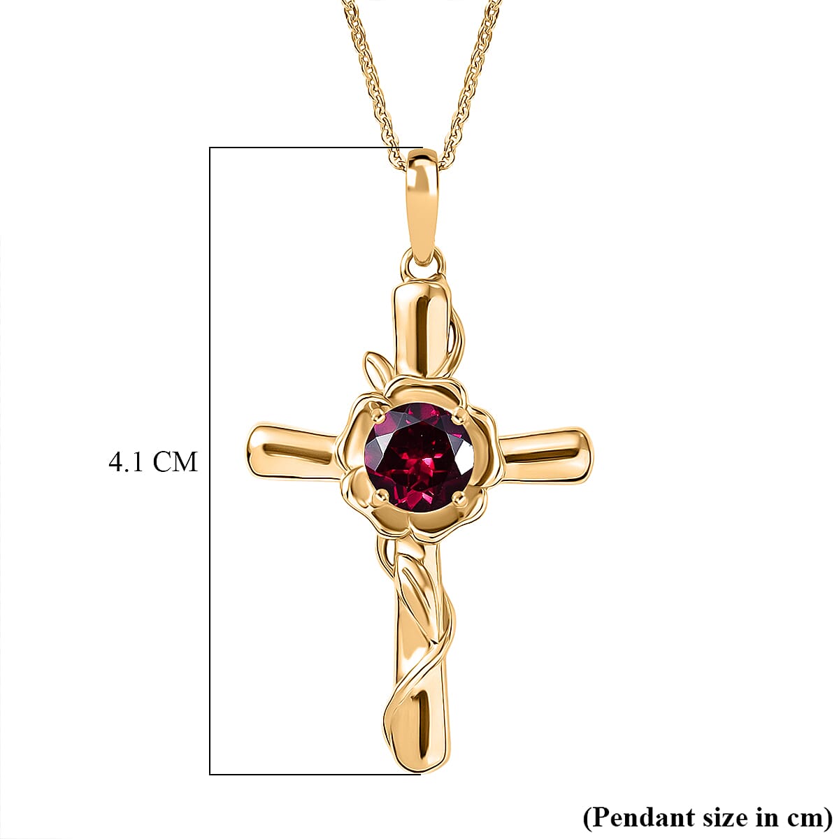 D'joy Rhodolite Garnet Cross Pendant with Chain (Size 20) in Yellow Gold Plated Sterling Silver 1.63 Ct, Silver  Wt. 5.50 Gms.