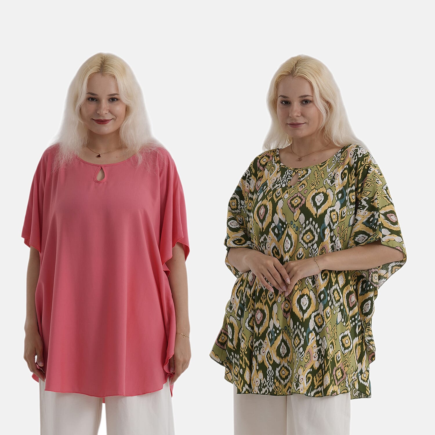 Styledby Set Of 2 100% Viscose Printed - Solid One-Size Tops With Keyhole Neck Detail - Green - Pink
