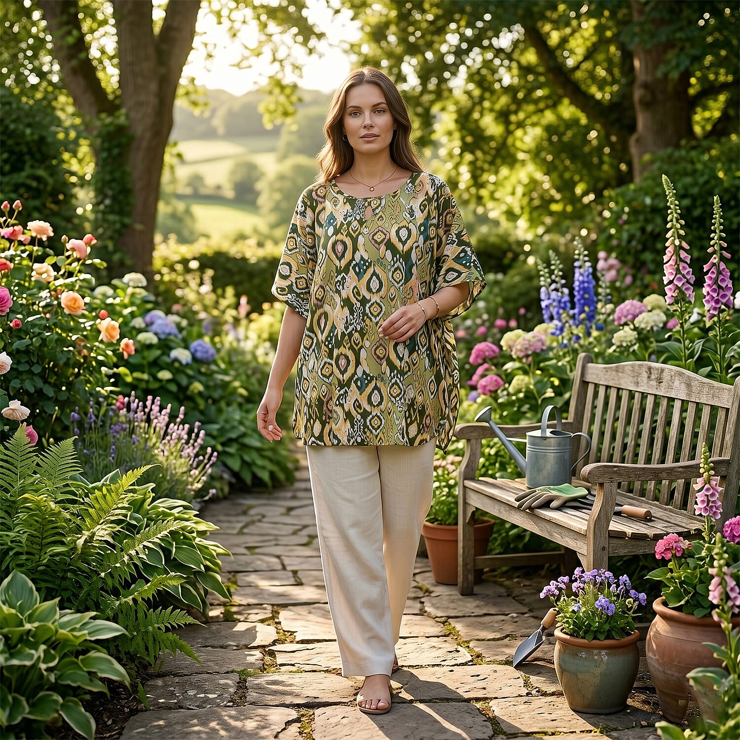 Styledby Set Of 2 100% Viscose Printed - Solid One-Size Tops With Keyhole Neck Detail - Green - Pink